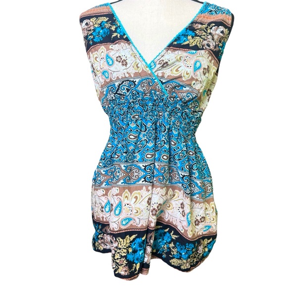 Blue port sleeveless V-neck 100% cotton large shirt. multicoloured blue brown - Picture 1 of 5